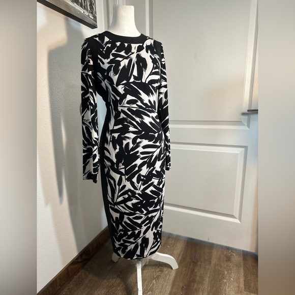 Modest modern bodycon leaf print white and black Maggy London women size 6 - Picture 11 of 16